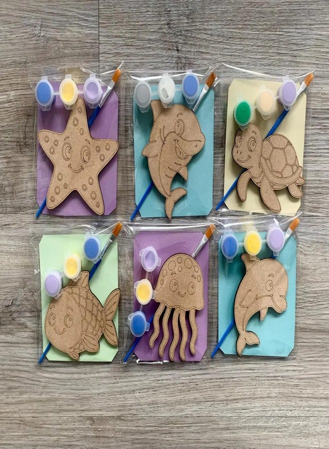Curious Button 6 Pcs MDF Sea Creature Paint Kit | DIY Wooden Under-The-Sea Craft Set with Paint Pots & Brush | Birthday Party Favor, Kids Activity, Party Bag Filler - Image 1